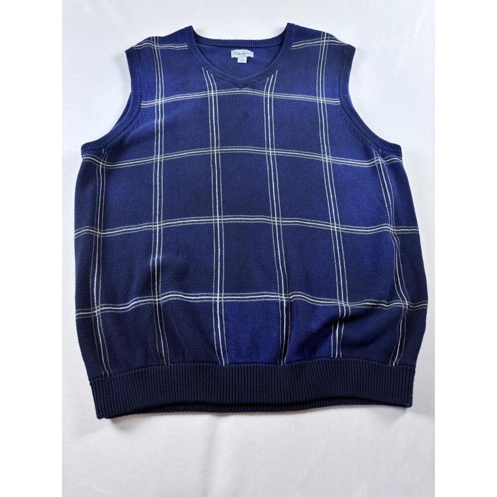 Walter Hagen Mens XL Dadcore Preppy Navy Blue Windowpane Plaid Knit Sweater Vest